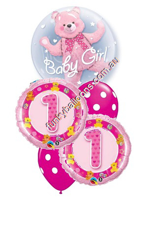 1st Birthday Girl Bear Double Bubble Bouquet